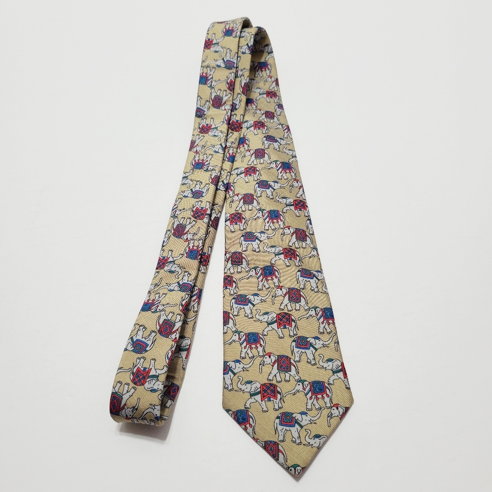 Thai Silk Village Necktie Multicolor Geometric Pattern Men's Silk Elephant Theme - Picture 2 of 5